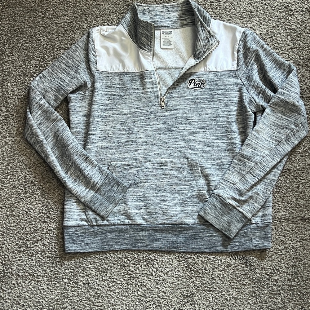 PINK Victoria's Secret Gray and White Quarter-Zip Pullover